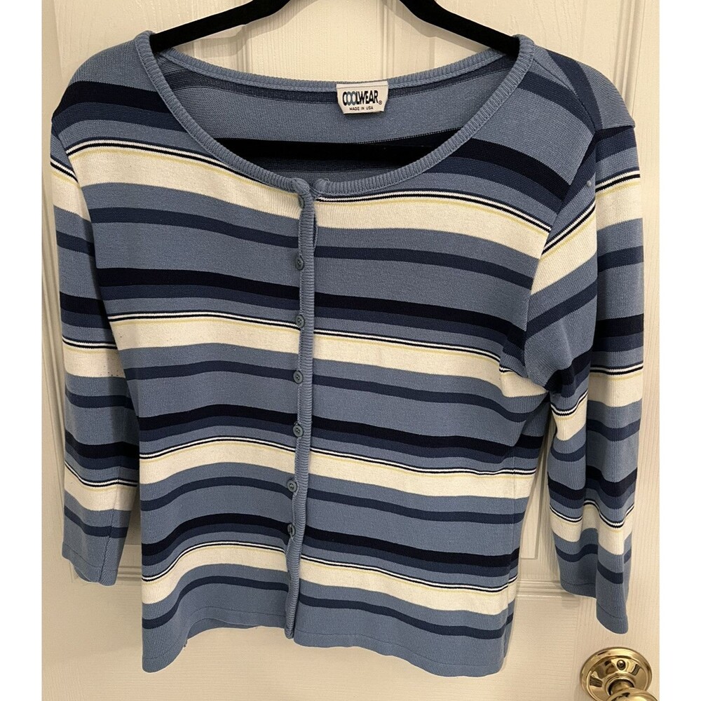 Vintage Coolwear Sweater Womens Medium Button Up Long Sleeve Striped Blue White
